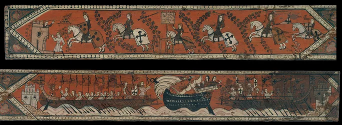 Panneau de plafond avec chevaliers, galères et un bateau à haut bastingage